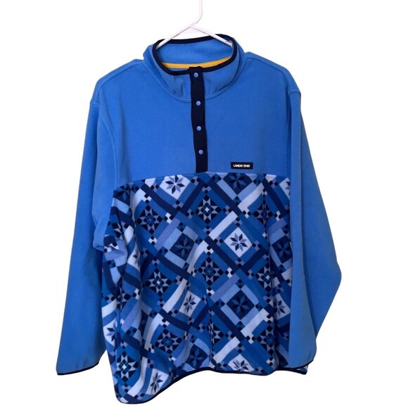 Lands End 2X Womens Fleece Pullover Blue Pattern Snap-Front - Picture 1 of 11
